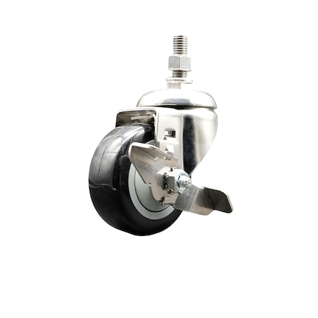 Service Caster 3.5 Inch 316SS Black Polyurethane Swivel 12mm Stem Caster with Brake SCC SS316TS20S3514-PPUB-BLK-TLB-M1215